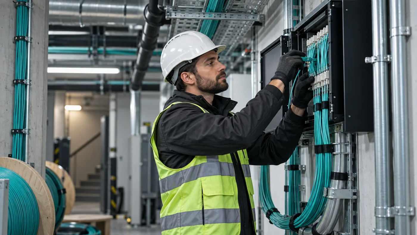 Installer working on fibre connections inside a service cupboard