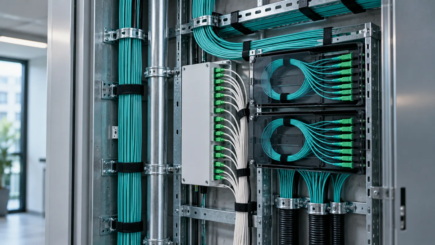 Fibre distribution equipment and routes inside a building riser