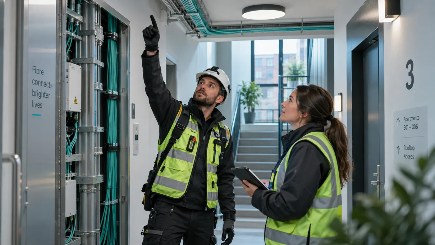 Two people reviewing a cable route in a building riser