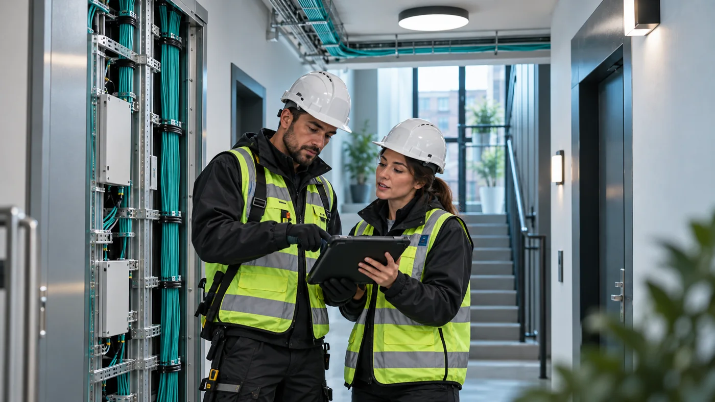 Two people reviewing a tablet beside the building services